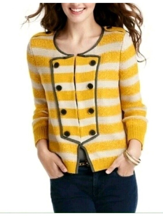 LOFT Sweaters - LOFT Large Double Breasted Round Neck Yellow Beige Striped Cardigan Band Sweater